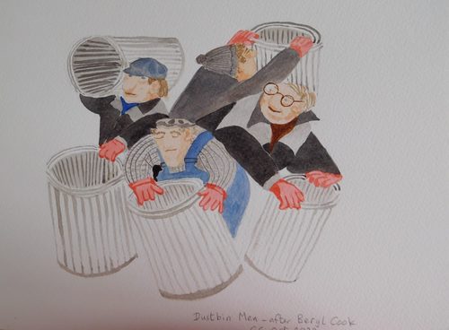 CC. after Beryl Cook, Dustbin Men. Watercolour.